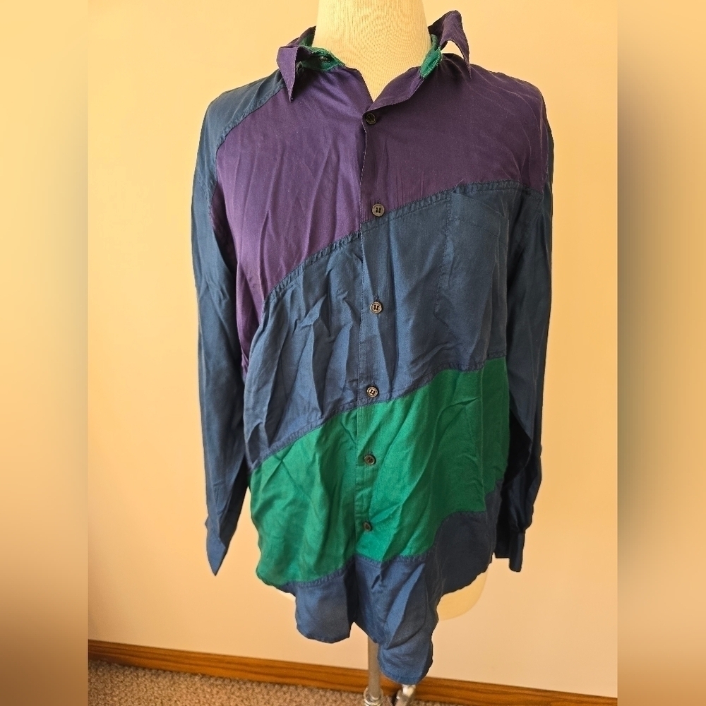 Vintage 90s Robert Stock Colorblock Men's Silk Shirt Size XL.